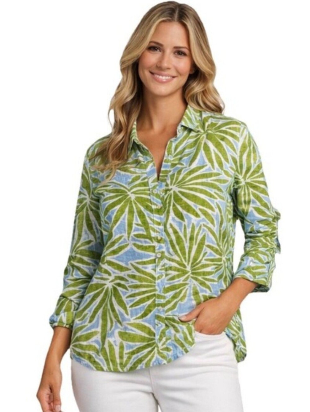 SIGRID OLSEN 100% Linen Tropical Palm Button Up Top Women's M Relaxed Fit Resort